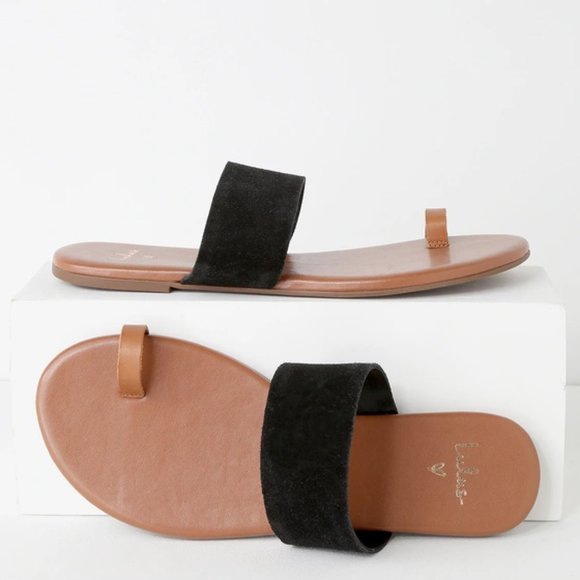 Lulus Tessa Cognac Nappa Black Suede Flat Sandals - Picture 3 of 4